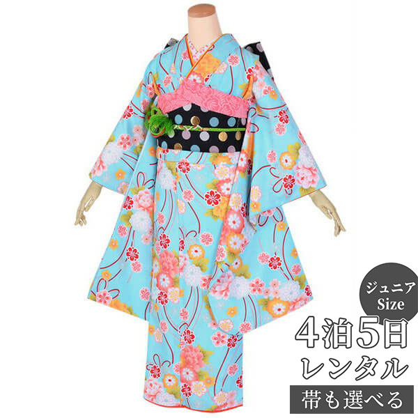 【レンタル】ジュニア　振袖　レンタル フルセットレンタル 水色　花くす玉〔A079〕十三参り 卒業式 小学生 着物 中学生 着物 レンタル着物 フルセッ ふりそで　送料無料[一部地域を除く]｜京都着物レンタル夢館