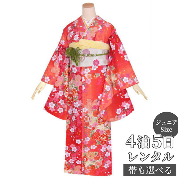 【レンタル】ジュニア　振袖　レンタル フルセットレンタル 赤　桜に花紋〔A111〕十三参り 卒業式 小学生 着物 中学生 着物 レンタル着物 フルセッ ふりそで　送料無料[一部地域を除く]｜京都着物レンタル夢館