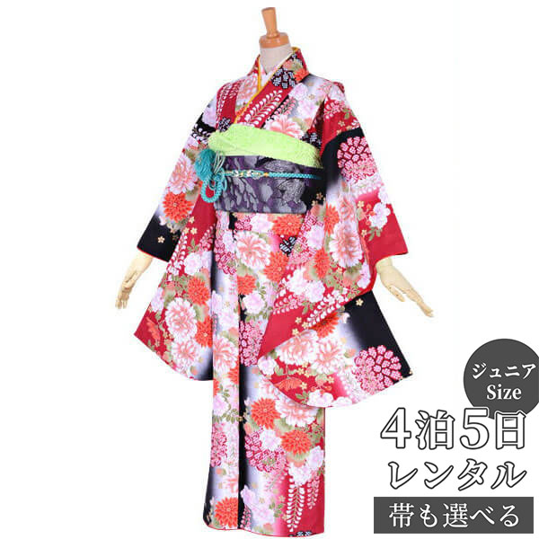 【レンタル】ジュニア　振袖　レンタル フルセットレンタル 赤黒　菊桜藤(A143)〔A132〕十三参り 卒業式 小学生 着物 中学生 着物 レンタル着物 フルセッ ふりそで　送料無料[一部地域を除く]｜京都着物レンタル夢館