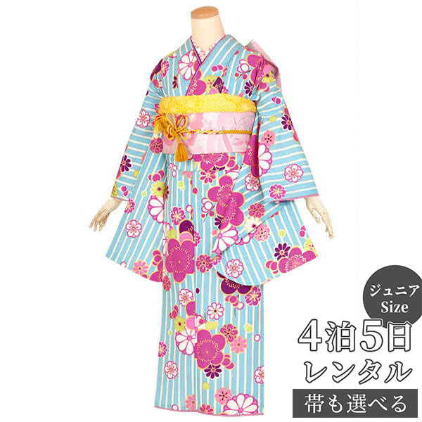 【レンタル】【訳あり】九重 ジュニア　振袖　レンタル フルセットレンタル 水色　縞に梅文様(A062)(G678)〔A146〕十三参り 卒業式 小学生 着物 中学生 着物 レンタル着物 フルセッ ふりそで　送料無料[一部地域を除く]｜京都着物レンタル夢館