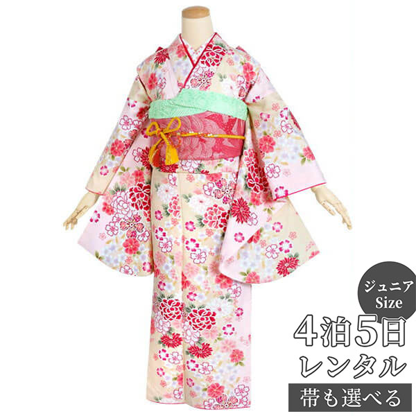 【レンタル】【訳あり】ジュニア　振袖　レンタル フルセットレンタル クリーム　牡丹に小桜(A109)(宅)〔A147〕十三参り 卒業式 小学生 着物 中学生 着物 レンタル着物 フルセッ ふりそで　送料無料[一部地域を除く]｜京都着物レンタル夢館