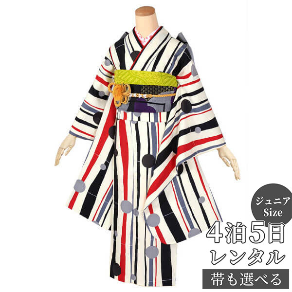 【レンタル】ジュニア　振袖　レンタル フルセットレンタル クリーム色&times;黒グレー　よろけ縞に水玉〔A176〕十三参り 卒業式 小学生 着物 中学生 着物 レンタル着物 フルセッ ふりそで　送料無料[一部地域を除く]｜京都着物レンタル夢館 14,256円