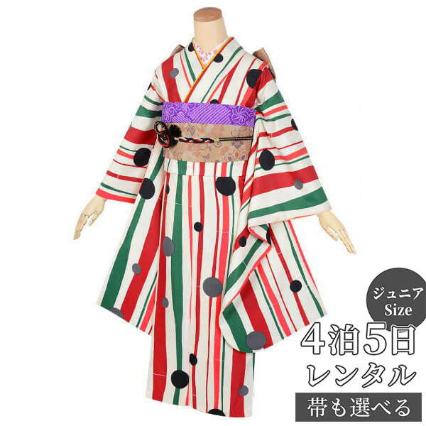 【レンタル】ジュニア　振袖　レンタル フルセットレンタル クリーム色&times;緑・朱　よろけ縞に水玉〔A177〕十三参り 卒業式 小学生 着物 中学生 着物 レンタル着物 フルセッ ふりそで　送料無料[一部地域を除く]｜京都着物レンタル夢館