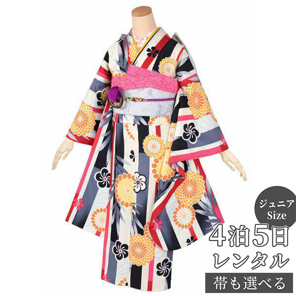 【レンタル】ジュニア　振袖　レンタル フルセットレンタル クリーム色&times;グレー　竹縞に菊〔A179〕十三参り 卒業式 小学生 着物 中学生 着物 レンタル着物 フルセッ ふりそで　送料無料[一部地域を除く]｜京都着物レンタル夢館