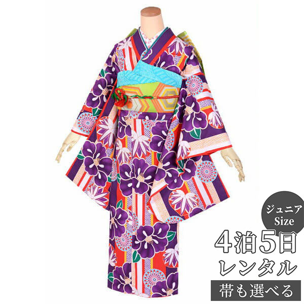 【レンタル】和遊日 ジュニア　振袖　レンタル フルセットレンタル 紫　縦縞　椿と葵・菊(A205)〔A195〕十三参り 卒業式 小学生 着物 中学生 着物 レンタル着物 フルセッ ふりそで　送料無料[一部地域を除く]｜京都着物レンタル夢館