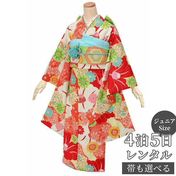 【レンタル】ジャパンスタイル ジュニア　振袖　レンタル フルセットレンタル 朱色　椿に菊〔A224〕十三参り 卒業式 小学生 着物 中学生 着物 レンタル着物 フルセッ ふりそで　送料無料[一部地域を除く]｜京都着物レンタル夢館
