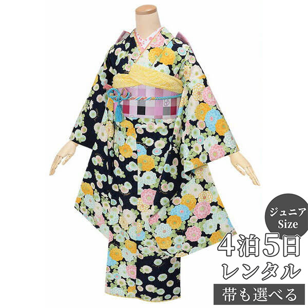 【レンタル】ポンポネット ジュニア　振袖　レンタル フルセットレンタル 黒　縦縞に菊〔A230〕十三参り 卒業式 小学生 着物 中学生 着物 レンタル着物 フルセッ ふりそで　送料無料[一部地域を除く]｜京都着物レンタル夢館