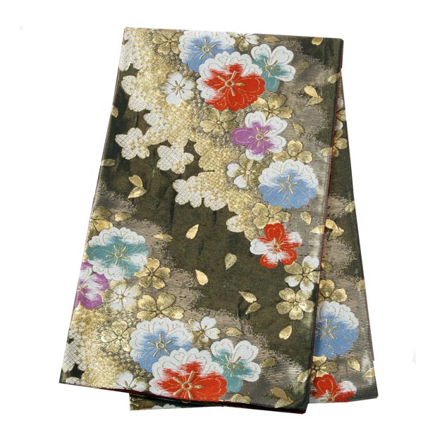 2-11月利用は11000円 【レンタル】帯 単品 レンタル 帯単品レンタル「B071 振袖用帯　金茶 八重桜 ゴールド系」 正絹 振袖 帯 ママ振り 婚礼 貸衣装 結婚式 卒業式 振袖リメイク 帯のみ ママフリ ママ振 姉フリ｜京都着物レンタル夢館