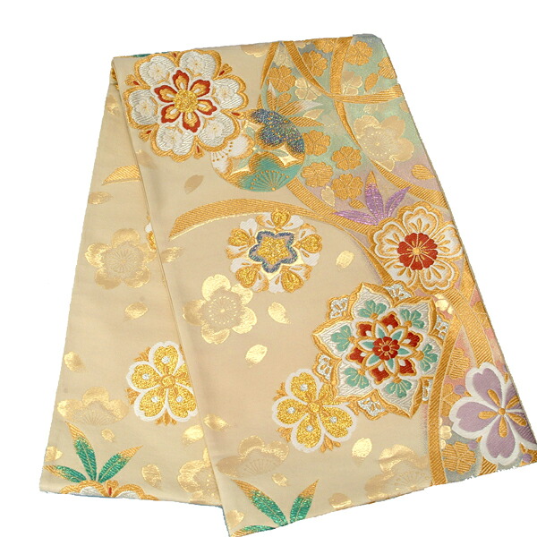【レンタル】帯 単品 レンタル 帯単品レンタル「B092 ジュニア振袖用帯 クリーム金 華文に熨斗と桜 ゴールド系」 正絹 振袖 帯 ママ振り 婚礼 貸衣装 結婚式 卒業式 振袖リメイク 帯のみ ママフリ ママ振 姉フリ|京都着物レンタル夢館