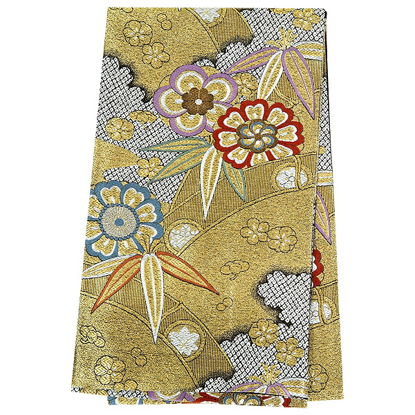 2-11月利用は11000円 【レンタル】帯 単品 レンタル 帯単品レンタル「B1119 振袖用帯　金 華文に竹梅と雲取り ゴールド系」 正絹 振袖 帯 ママ振り 婚礼 貸衣装 結婚式 卒業式 振袖リメイク 帯のみ ママフリ ママ振 姉フリ｜京都着物レンタル夢館