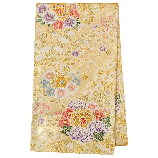 【レンタル】帯 単品 レンタル 帯単品レンタル「B1373 訪問着用帯　金 割付文様と花々の丸 ゴールド系」 正絹 訪問着 帯 入学式 卒業式 結婚式 卒園式 入園式 お宮参り 帯単品 帯だけ 帯のみ｜京都着物レンタル夢館