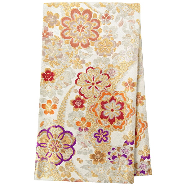 2-11月利用は11000円 【レンタル】帯 単品 レンタル 帯単品レンタル「B1447 振袖用帯　白 桜に華文 白系」 正絹 振袖 帯 ママ振り 婚礼 貸衣装 結婚式 卒業式 振袖リメイク 帯のみ ママフリ ママ振 姉フリ｜京都着物レンタル夢館 15,400円