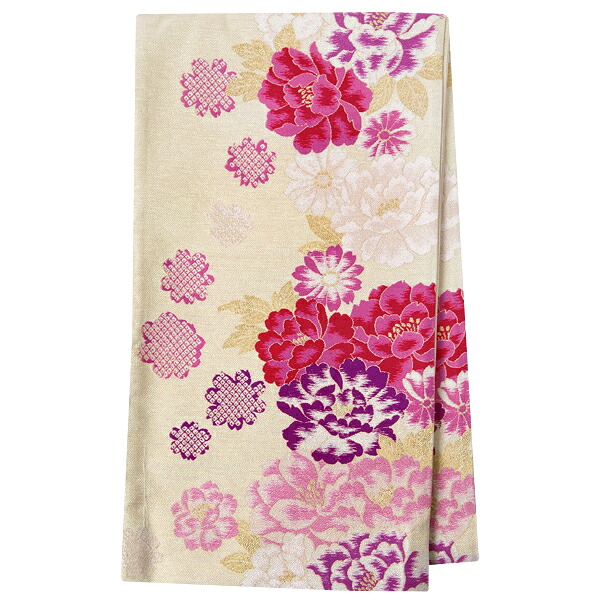 2-11月利用は11000円 【レンタル】帯 単品 レンタル 帯単品レンタル「B1458 振袖用帯　クリーム 牡丹 クリーム系」 正絹 振袖 帯 ママ振り 婚礼 貸衣装 結婚式 卒業式 振袖リメイク 帯のみ ママフリ ママ振 姉フリ｜京都着物レンタル夢館