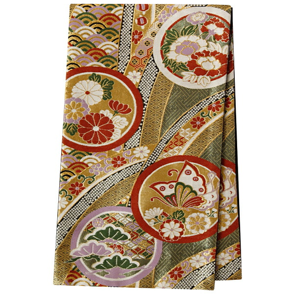 2-11月利用は11000円 【レンタル】帯 単品 レンタル 帯単品レンタル「B1562 振袖用帯　金 丸に草花と胡蝶 ゴールド系」 正絹 振袖 帯 ママ振り 婚礼 貸衣装 結婚式 卒業式 振袖リメイク 帯のみ ママフリ ママ振 姉フリ｜京都着物レンタル夢館