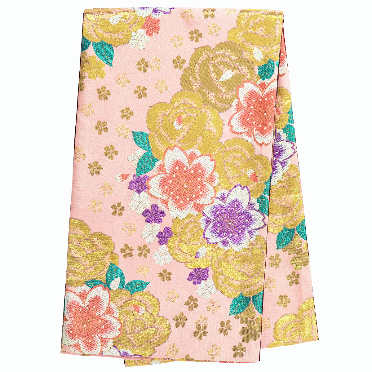 【レンタル】帯 単品 レンタル 帯単品レンタル「B1897 ジュニア振袖用帯　ピンク　薔薇と桜 ピンク系」 正絹 振袖 帯 ママ振り 婚礼 貸衣装 結婚式 卒業式 振袖リメイク 帯のみ ママフリ ママ振 姉フリ｜京都着物レンタル夢館