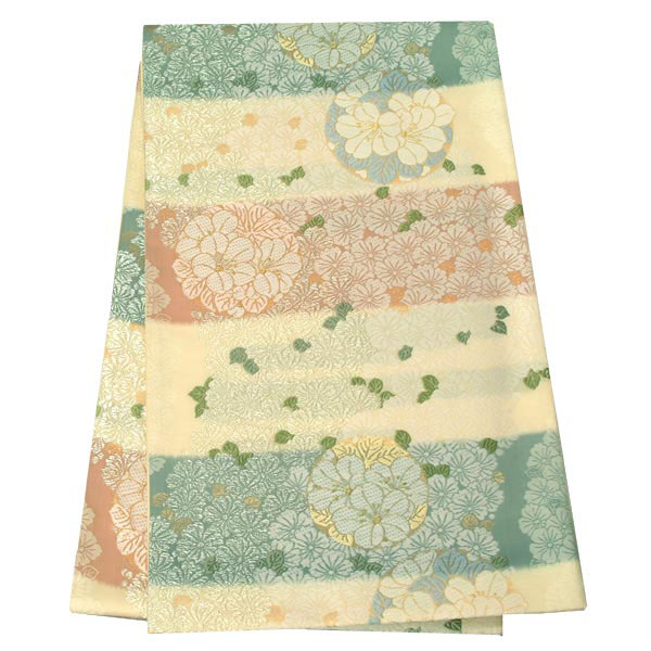 【レンタル】帯 単品 レンタル 帯単品レンタル「B313 訪問着用帯　クリーム 段模様に花の丸 クリーム系」 正絹 訪問着 帯 入学式 卒業式 結婚式 卒園式 入園式 お宮参り 帯単品 帯だけ 帯のみ｜京都着物レンタル夢館