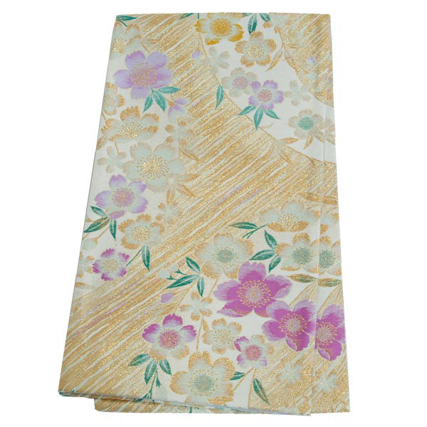 2-11月利用は11000円 【レンタル】帯 単品 レンタル 帯単品レンタル「B362 振袖用帯　金 縞模様に枝垂れ桜 白系」 正絹 振袖 帯 ママ振り 婚礼 貸衣装 結婚式 卒業式 振袖リメイク 帯のみ ママフリ ママ振 姉フリ｜京都着物レンタル夢館