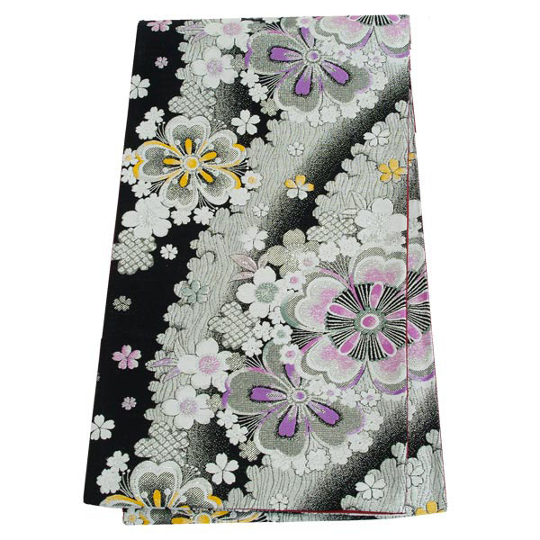 2-11月利用は11000円 【レンタル】帯 単品 レンタル 帯単品レンタル「B369 振袖用帯　黒銀 桜模様 黒系」 正絹 振袖 帯 ママ振り 婚礼 貸衣装 結婚式 卒業式 振袖リメイク 帯のみ ママフリ ママ振 姉フリ｜京都着物レンタル夢館