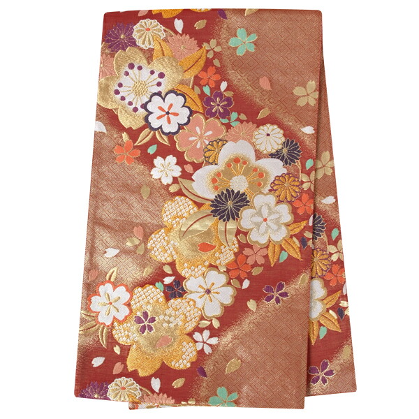 2-11月利用は11000円 【レンタル】帯 単品 レンタル 帯単品レンタル「B837 振袖用帯　赤金 桜 赤系」 正絹 振袖 帯 ママ振り 婚礼 貸衣装 結婚式 卒業式 振袖リメイク 帯のみ ママフリ ママ振 姉フリ｜京都着物レンタル夢館