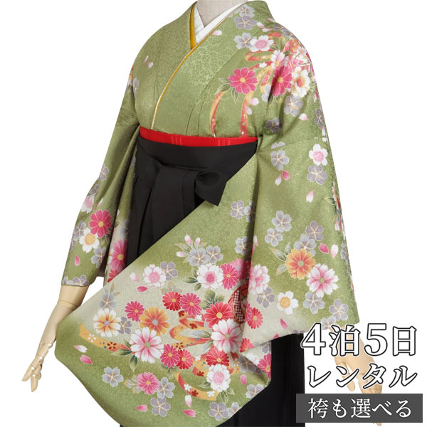 【レンタル】卒業式 袴 レンタル 女 フルセット 女性 袴セット「G008モスグリーン　桜柄」レトロ はかま 着物セット 和服 大学 レディース 往復送料無料