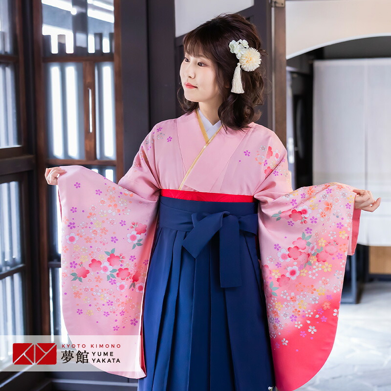 【レンタル】卒業式 袴 レンタル 女 フルセット 女性 袴セット「G015ピンク&times;濃ピンク　桜柄」レトロ はかま 着物セット 和服 大学 レディース 往復送料無料｜京都着物レンタル夢館