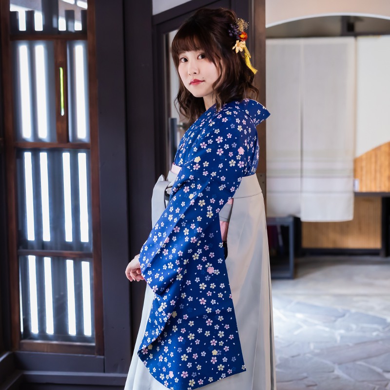 【レンタル】卒業式 袴 レンタル 女 フルセット 女性 袴セット「G060青　桜小花柄」レトロ はかま 着物セット 和服 大学 レディース 往復送料無料