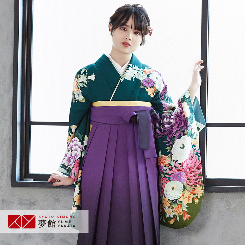 【レンタル】卒業式 袴 レンタル 女 フルセット 女性 袴セット「G090 ハナエ･モリ 濃緑　菊と四季花」レトロ はかま 着物セット 和服 大学 レディース 往復送料無料