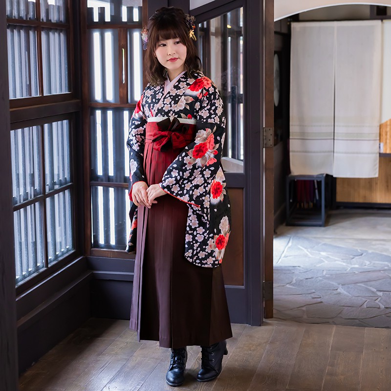 【レンタル】卒業式 袴 レンタル 女 フルセット 女性 袴セット「G178 H 黒 しだれ桜&八重桜」レトロ はかま 着物セット 和服 大学 レディース 往復送料無料