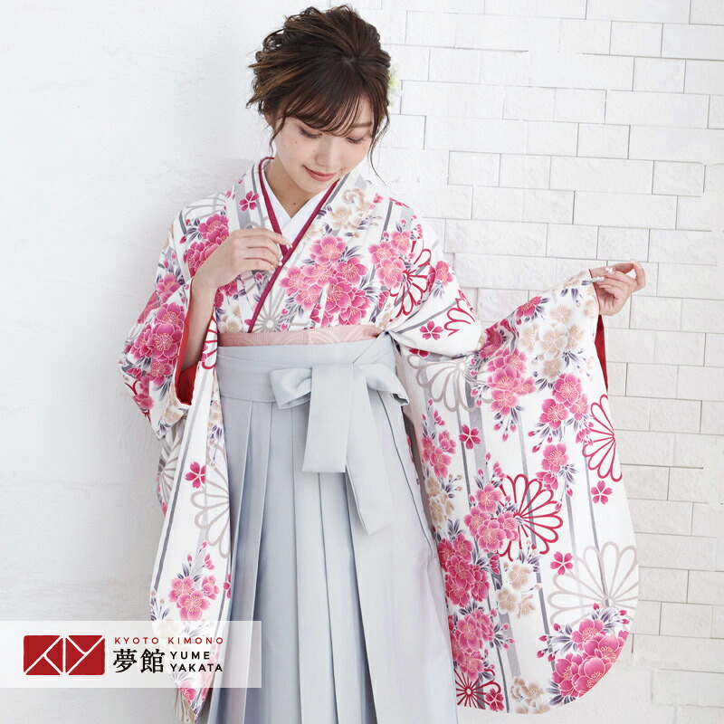 【レンタル】卒業式 袴 レンタル 女 フルセット 女性 袴セット「G232 MERCURYDUO 白　桜にストライプ」レトロ はかま 着物セット 和服 大学 レディース 往復送料無料
