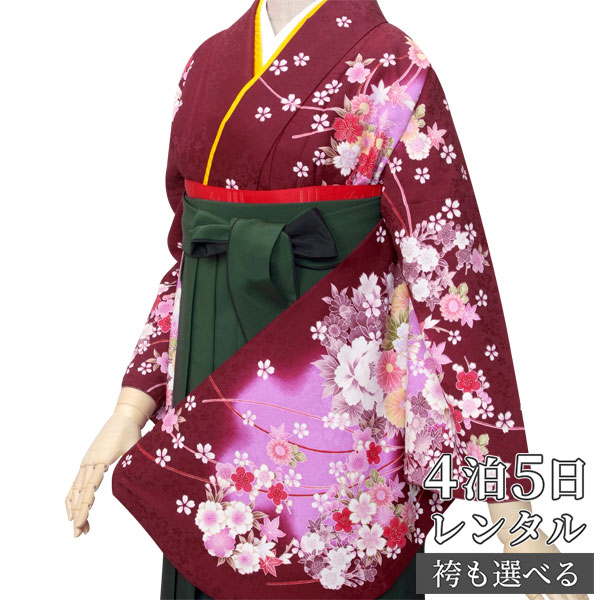 【レンタル】卒業式 袴 レンタル 女 フルセット 女性 袴セット「G246エンジ　牡丹に菊と桜」レトロ はかま 着物セット 和服 大学 レディース 往復送料無料｜京都着物レンタル夢館
