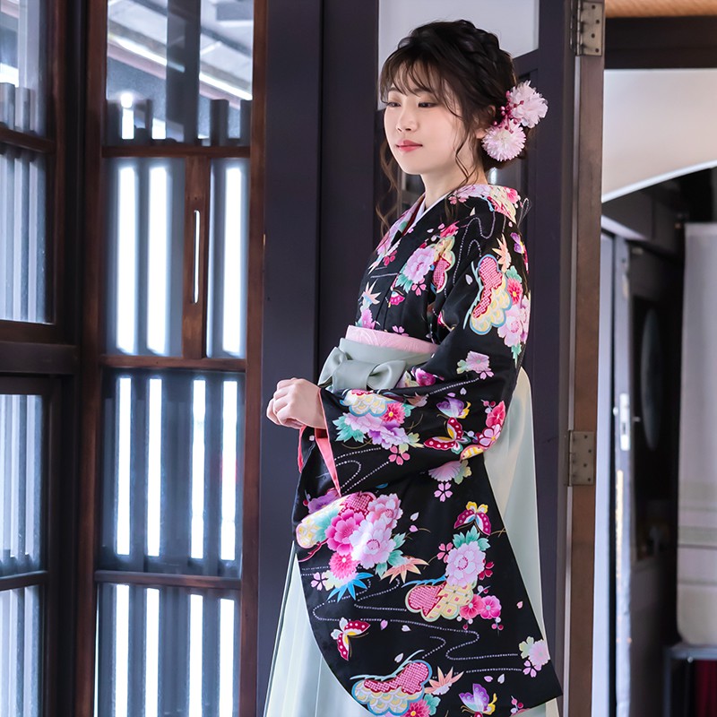 激安通販 フルセット 着物 ハカマ 袴レンタル 大学 G329黒 花と蝶 卒業式 卒業式袴セット レディース 女 卒業式 フルセット レンタル レンタル 袴 二尺袖 袴セット 袴 女 G329 Www Alsoudani Com
