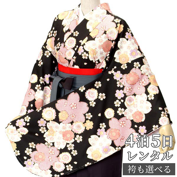 【レンタル】卒業式 袴 レンタル 女 フルセット 女性 袴セット「G394黒　桜しぼり柄」レトロ はかま 着物セット 和服 大学 レディース 往復送料無料