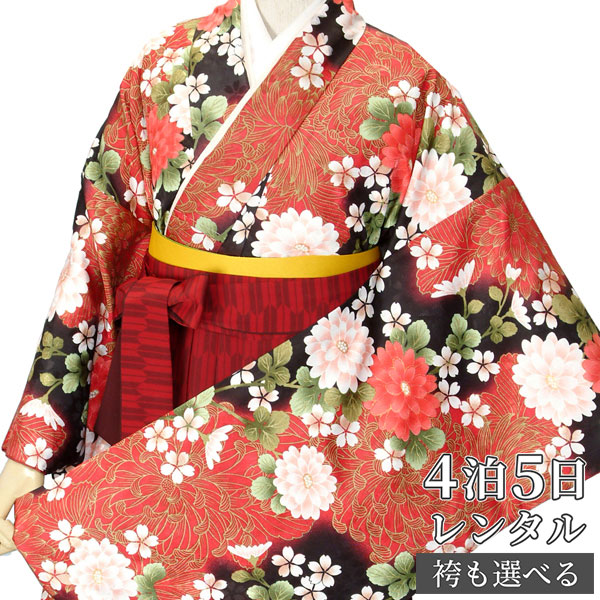 【レンタル】卒業式 袴 レンタル 女 フルセット 女性 袴セット「G424 H 黒　大輪菊」レトロ はかま 着物セット 和服 大学 レディース 往復送料無料