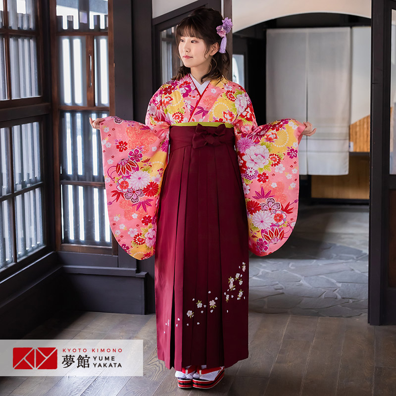 【レンタル】卒業式 袴 レンタル 女 フルセット 女性 袴セット「G517ピンク　手鞠と花々」レトロ はかま 着物セット 和服 大学 レディース 往復送料無料