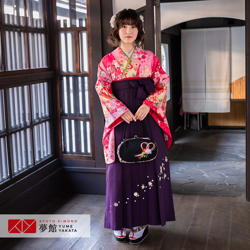 【レンタル】卒業式 袴 レンタル 女 フルセット 女性 袴セット「G639ピンク　桜に花紋」レトロ はかま 着物セット 和服 大学 レディース 往復送料無料