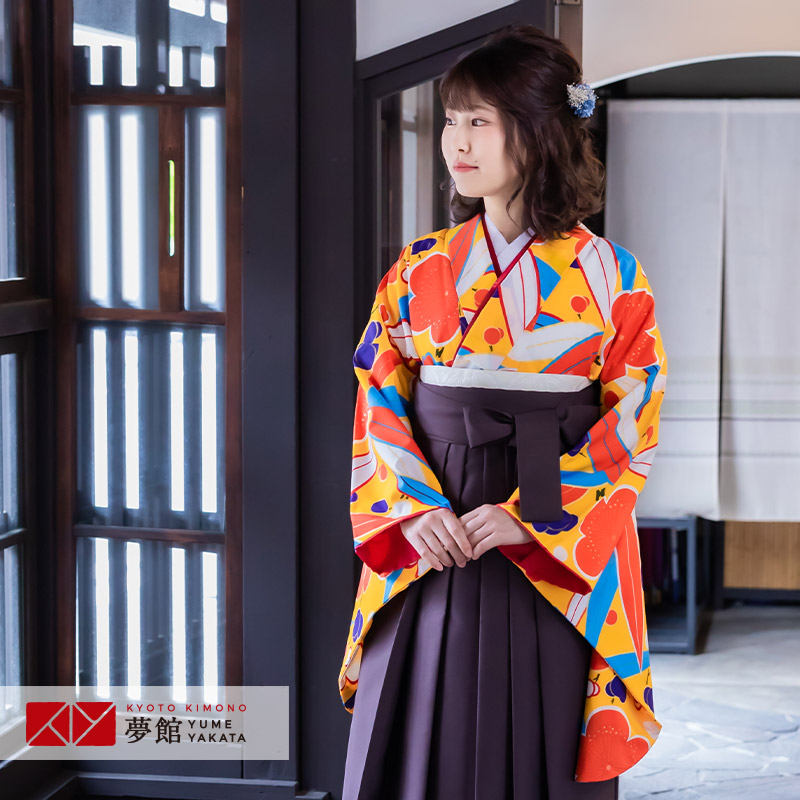 【レンタル】卒業式 袴 レンタル 女 フルセット 女性 袴セット「G676 九重 オレンジ　笹と梅」レトロ はかま 着物セット 和服 大学 レディース 往復送料無料