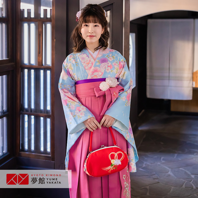 【レンタル】卒業式 袴 レンタル 女 フルセット 女性 袴セット「G753水色　菊桜牡丹」レトロ はかま 着物セット 和服 大学 レディース 往復送料無料