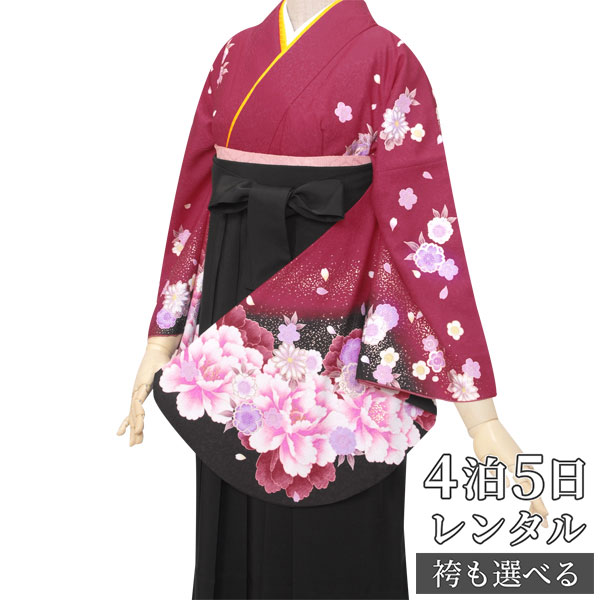 【レンタル】卒業式 袴 レンタル 女 フルセット 女性 袴セット「G867ワイン黒　雪輪に桜と牡丹」レトロ はかま 着物セット 和服 大学 レディース 往復送料無料【訳あり】
