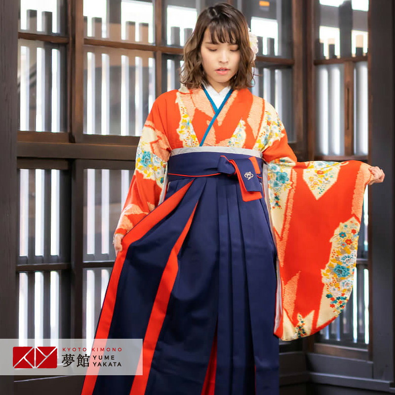 【レンタル】卒業式 袴 レンタル 女 フルセット 女性 袴セット「G885 モダンアンテナ 朱色　花矢絣鹿の子」レトロ はかま 着物セット 和服 大学 レディース 往復送料無料