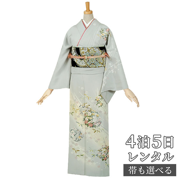 訪問着 レンタル 着物レンタル レンタル着物 着物 訪問着レンタル「H095 グレー　笹の葉と花丸文 」 正絹 ホテル・式場への配送OK！ 入学式 入園式 お宮参り 結婚式 七五三 母 ママ 母親 着物