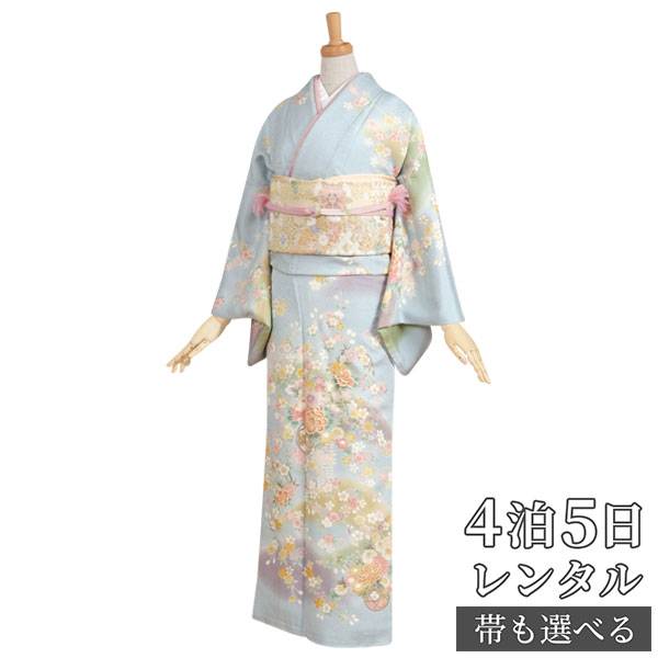 訪問着 レンタル 着物レンタル レンタル着物 着物 訪問着レンタル「H148 ブルー　花籠と桜 」 正絹 ホテル・式場への配送OK！ 入学式 入園式 お宮参り 結婚式 七五三 母 ママ 母親 着物