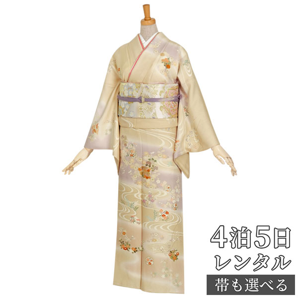 訪問着 レンタル 着物レンタル レンタル着物 着物 訪問着レンタル「H149 クリーム　流水と雪輪に花丸 」 正絹 ホテル・式場への配送OK！ 入学式 入園式 お宮参り 結婚式 七五三 母 ママ 母親 着物｜京都着物レンタル夢館
