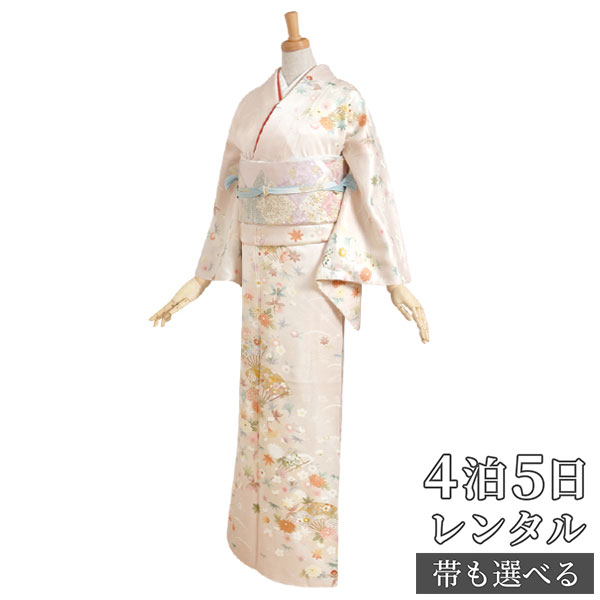 訪問着 レンタル 着物レンタル レンタル着物 着物 訪問着レンタル「H152 ピンククリーム　露芝吹き寄せに扇面 」 正絹 ホテル・式場への配送OK！ 入学式 入園式 お宮参り 結婚式 七五三 母 ママ 母親 着物｜京都着物レンタル夢館