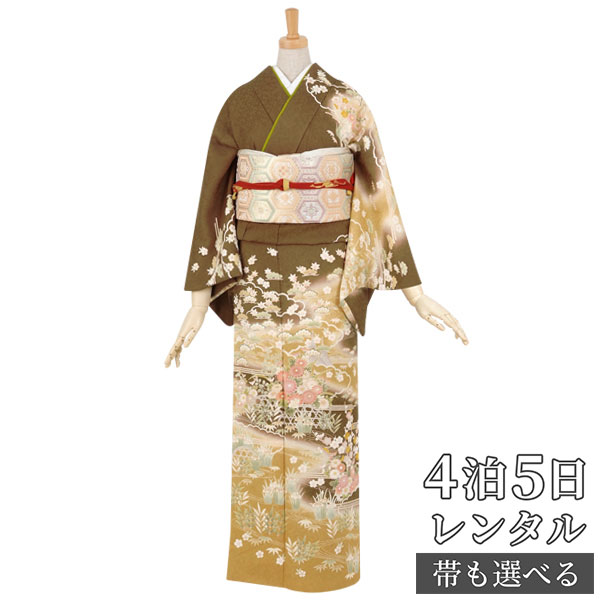 訪問着 レンタル 着物レンタル レンタル着物 着物 訪問着レンタル「H185 ベージュ・薄茶 水辺文に小花 」 正絹 ホテル・式場への配送OK! 入学式 入園式 お宮参り 結婚式 七五三 母 ママ 母親 着物|京都着物レンタル夢館