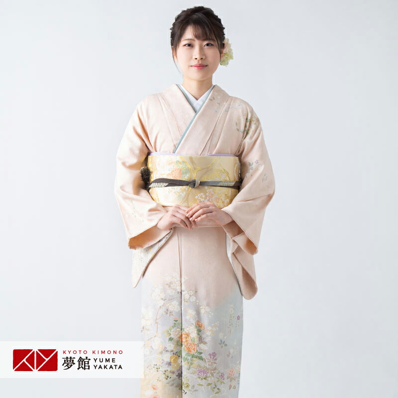 着物　紋なし　訪問着　くすみピンク　ぼかし染め　草花文　流水文 着物 紋なし 訪問着 くすみピンク ぼかし染め 草花文 流水文