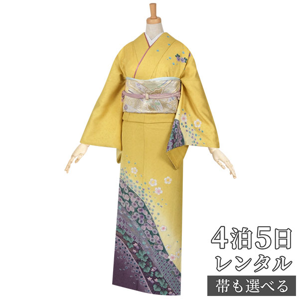 訪問着 レンタル 着物レンタル レンタル着物 着物 訪問着レンタル「H288 黄　山取に桜花 」 正絹 ホテル・式場への配送OK！ 入学式 入園式 お宮参り 結婚式 七五三 母 ママ 母親 着物