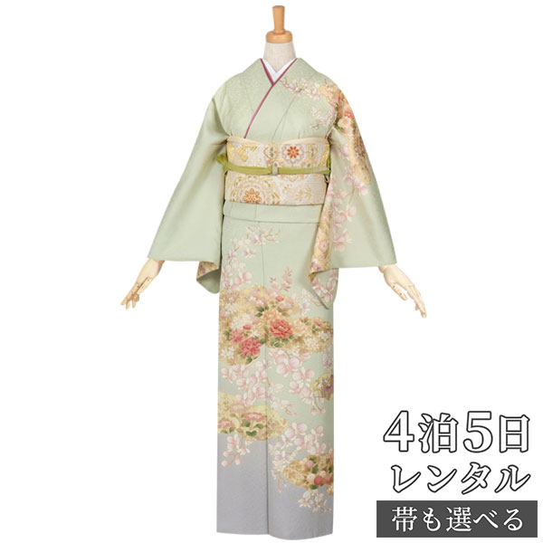 訪問着 レンタル 着物レンタル レンタル着物 着物 訪問着レンタル「H353 薄緑　胡蝶蘭に四季の花 」 正絹 ホテル・式場への配送OK！ 入学式 入園式 お宮参り 結婚式 七五三 母 ママ 母親 着物 23,004円