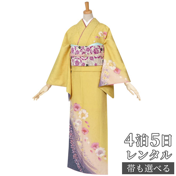 訪問着 レンタル 着物レンタル レンタル着物 着物 訪問着レンタル「H388 黄　桜に流れ藤 」 正絹 ホテル・式場への配送OK！ 入学式 入園式 お宮参り 結婚式 七五三 母 ママ 母親 着物