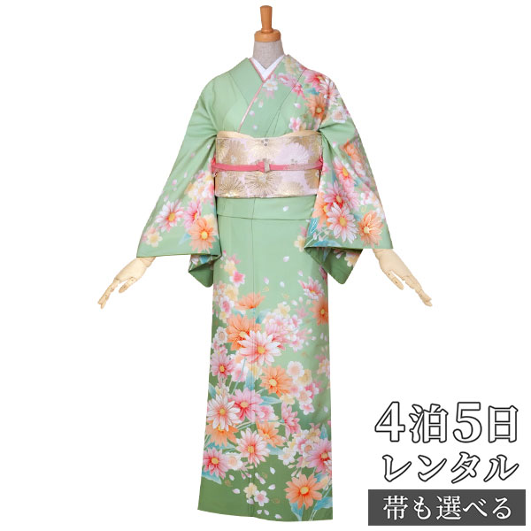 訪問着 レンタル 着物レンタル レンタル着物 着物 訪問着レンタル「H469 グリーン　桜とマーガレット 」 ホテル・式場への配送OK！ 入学式 入園式 お宮参り 結婚式 七五三 母 ママ 母親 着物