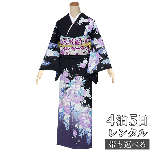 訪問着 レンタル 着物レンタル レンタル着物 着物 訪問着レンタル「H473 黒　百合に八重桜 」 正絹 ホテル・式場への配送OK！ 入学式 入園式 お宮参り 結婚式 七五三 母 ママ 母親 着物｜京都着物レンタル夢館